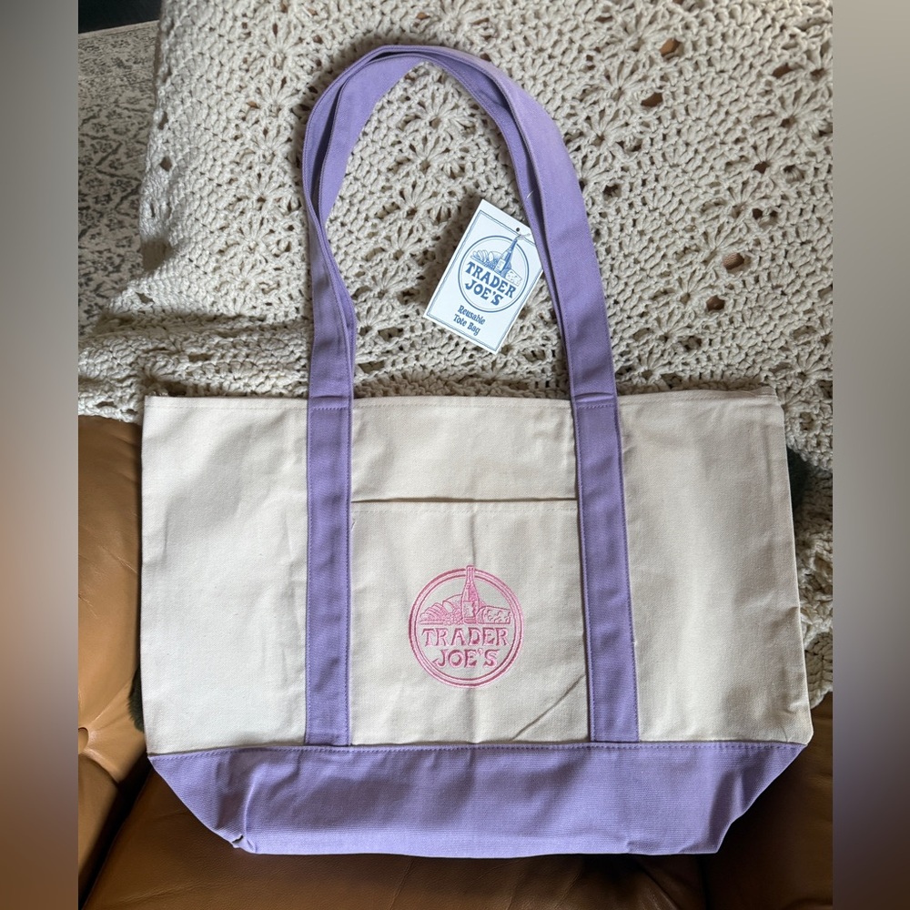 Cream and Lavender Canvas BIG Trader Joe’s Tote Bag